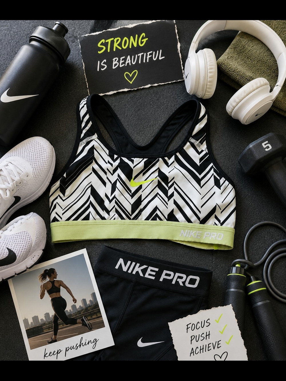 Nike Black & White Chevron Sports Bra with Lime Band